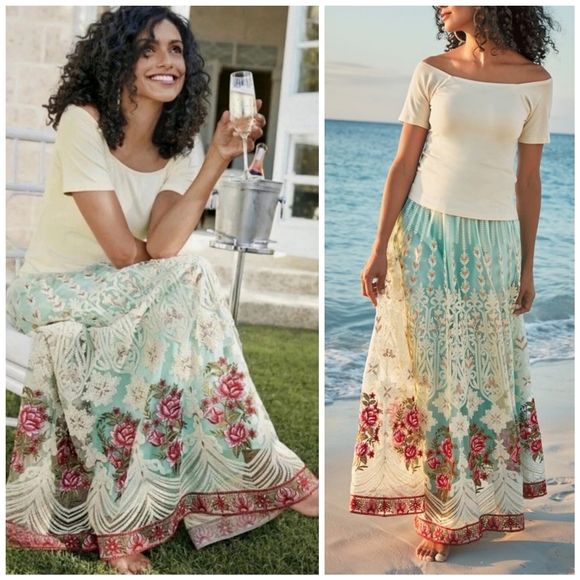 Soft Surroundings Intricate Embroidered Boho Floral Blue Red Analisa Skirt, M - Picture 1 of 14